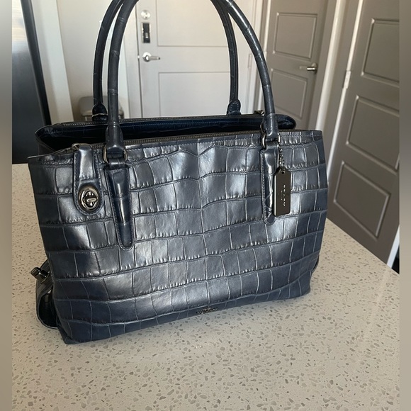 Coach - Navy Leather Croc Embossed Brooklyn Carryall Handbag - Picture 1 of 15